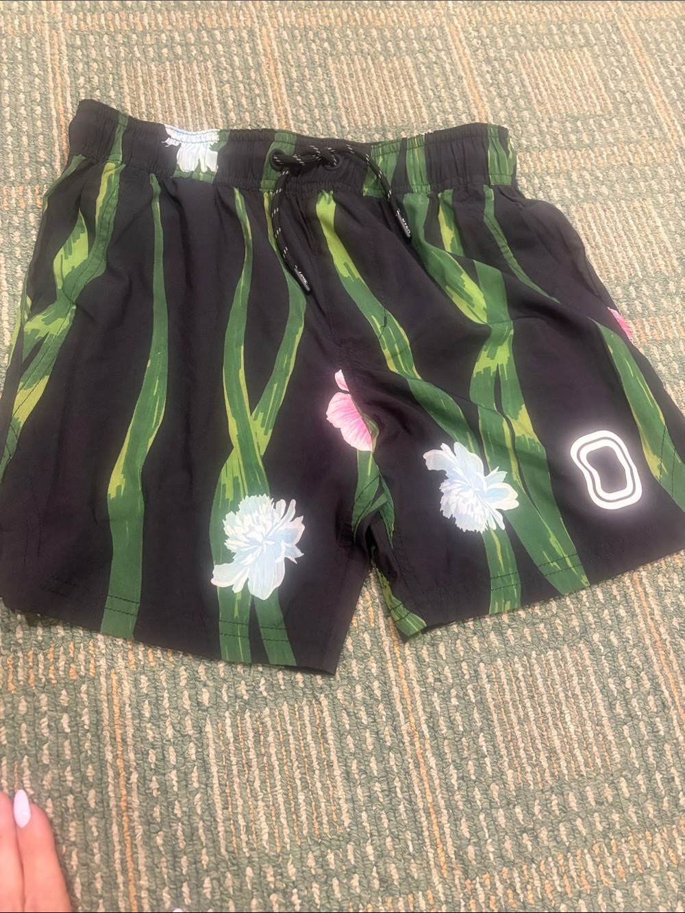 Black Floral Stripe Kids Swim Shorts